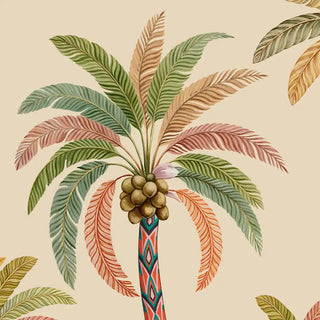 A detailed close-up of the Palmyra Breeze wallpaper showing a palm crown with coconuts and a patterned trunk in sepia tones.