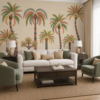 The Palmyra Breeze wallpaper mural in Sepia covering a feature wall in a living room behind a cream sofa and sage-green armchairs. view-livingroom