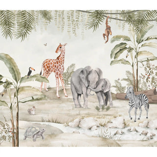 The full panoramic layout of the Pastel Jungle mural showcasing a complete watercolor safari animal scene.
