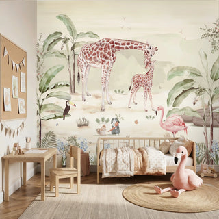 A luxury toddler room setting featuring the pastel jungle mural behind a wooden bed with neutral-toned bedding and a flamingo plush.