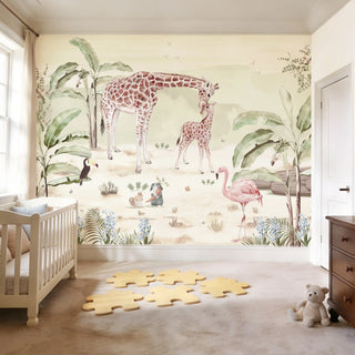 A luxury toddler room setting featuring the pastel jungle mural behind a wooden bed with neutral-toned bedding and a flamingo plush.