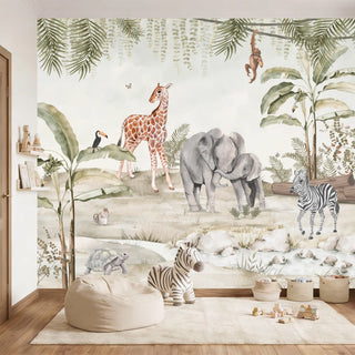 A sophisticated kids' bedroom featuring the pastel safari mural behind a cream beanbag and natural toy baskets.