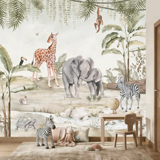 A luxury playroom setting featuring the pastel jungle mural behind a wooden desk, globe, and toy zebra.