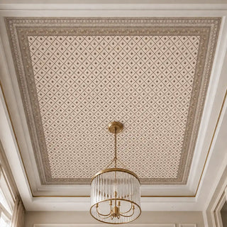 The Pera Beige customized wallpaper styled on a high ceiling tray accented by a modern fluted-glass drum chandelier.