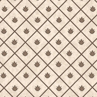 A high-resolution close-up of the diamond trellis pattern and neutral botanical leaf motifs in the Pera Beige wallpaper.