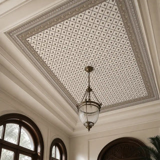 Pera Beige customized geometric wallpaper providing a palatial statement on a high ceiling, paired with arched windows.