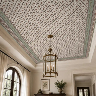 The Pera customized wallpaper styled on a high ceiling tray accented by a traditional brass lantern pendant light.
