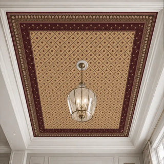 The Pera Maroon customized wallpaper styled on a high ceiling tray accented by a traditional brass lantern pendant light.