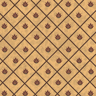 A high-resolution close-up of the diamond trellis pattern and botanical leaf motifs in the Pera Maroon wallpaper.