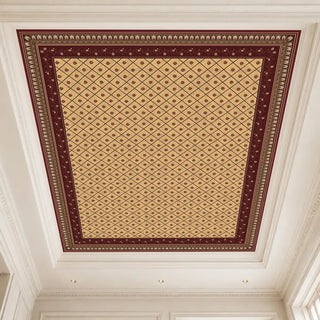 Pera Maroon customized geometric wallpaper providing a full view of the palatial panel layout for a ceiling installation.