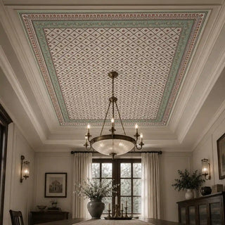 Pera customized geometric wallpaper providing a palatial background on the ceiling of a formal dining room setting.