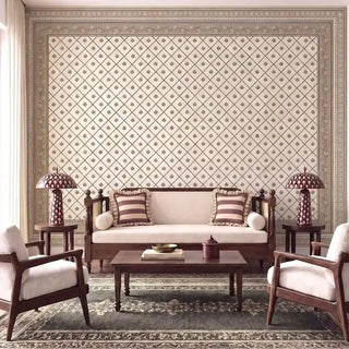 Pera Vintage Ottoman Geometric ceiling and wall wallpaper in Beige covering a living room view-bedroom