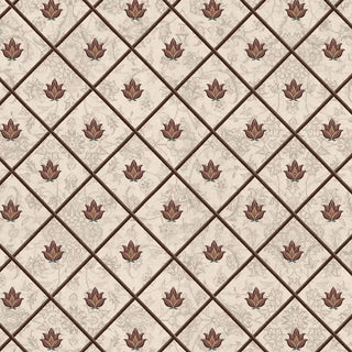 A high-resolution close-up of the diamond trellis pattern and botanical leaf motifs in the Pera wallpaper.