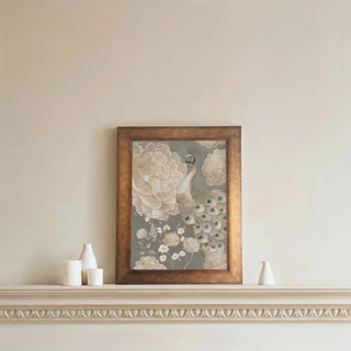 Petal Ballet Wall Art framed in wood, styled on a wall shelf, bringing soft floral elegance to the room décor.