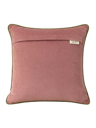 The reverse of the Petal Cascade cushion cover in Rosewood & Olive, showing the concealed zip and brand label.