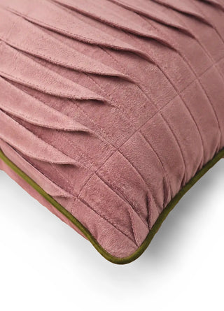 A close-up of the Petal Cascade cushion cover's corner in Rosewood & Olive, showing the feathered pleat texture and olive piping.