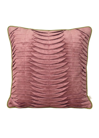 Full front view of the Petal Cascade cushion cover in Rosewood & Olive, laid flat to show the cascading feather pleat texture.