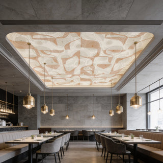 The Petal Mosaic abstract geometric floral ceiling wallpaper mural styled inside an upscale contemporary restaurant over tables with brass pendants view-ceiling