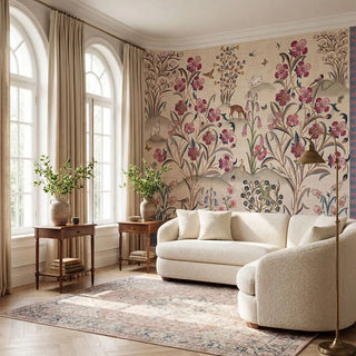 The Petals of Persia pink and green Persian miniature wallpaper mural styled behind a modern curved cream sofa in a bright contemporary living room view-livingroom