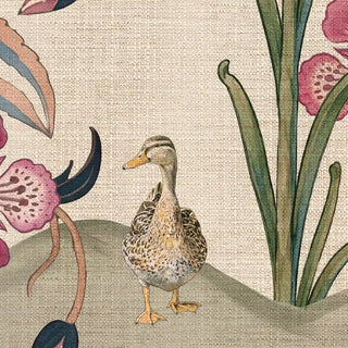 A high-resolution close-up detail of the Petals of Persia wallpaper showing a hand-sketched mallard duck and fuchsia floral stalks on a linen textile ground.