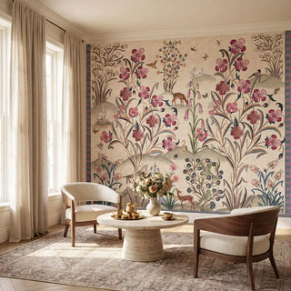 The Petals of Persia custom chinoiserie-style floral wallpaper mural styled in a luxury sitting lounge with mid-century walnut chairs and a marble coffee table view-livingroom