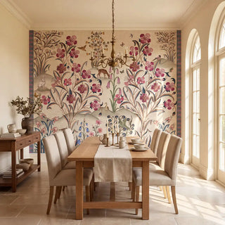 The Petals of Persia custom scenic botanical wallpaper panel creating a symmetric fine-art backdrop behind a contemporary wooden dining table set view-diningroom