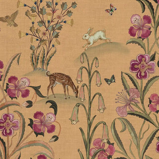 A close-up of the Petals of Persia wallpaper pattern in Antique Sand, showing a spotted fawn, a white rabbit, an owl, butterflies and bell flowers.