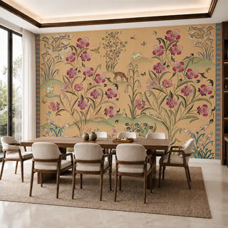 Petals of Persia wallpaper in Antique Sand behind a wooden dining table, showing the full Persian-inspired botanical scene with birds and a rabbit.