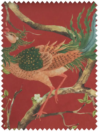 A high-resolution swatch of Phoenix fabric featuring a hand-painted mythical bird on a vibrant crimson red background.