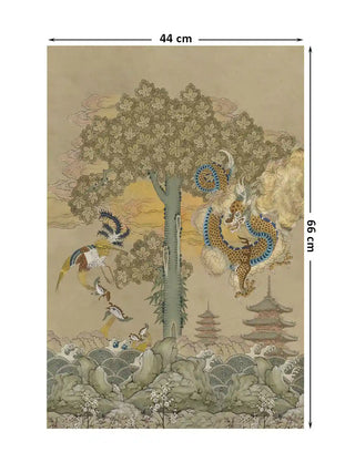 Phoenix and dragon chinoiserie wall art in antique sage shown at 44 x 66 cm with dimension markings for size reference.