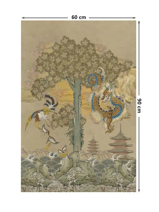 Phoenix and pagoda wall art in antique sage shown at 60 x 90 cm with dimension markings for size reference.