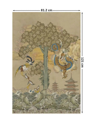 Phoenix chinoiserie landscape wall art in antique sage shown at 81.2 x 121 cm with dimension markings for size reference.