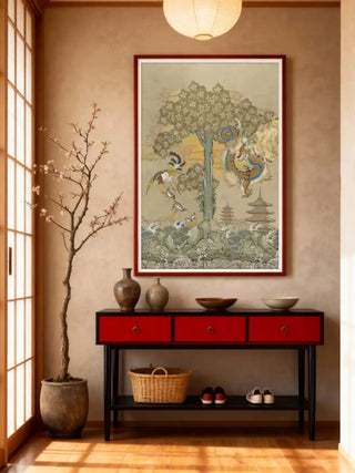 Phoenix and dragon wall art in antique sage, framed in red above a black and red console with earthen vases and a blossom branch in a shoji-screened entryway.