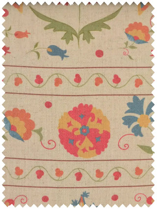 A high-resolution swatch of Phulkari fabric featuring traditional coral and ochre floral motifs on a textured linen-colored base.