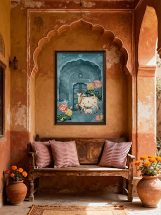 A framed Pichwai cow mural featuring the sacred Kamadhenu set within an arched niche above a rustic wooden bench with mauve cushions.