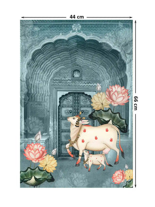 Pichwai cow and calf at a carved doorway wall art in teal mist shown at 44 x 66 cm with dimension markings for size reference.
