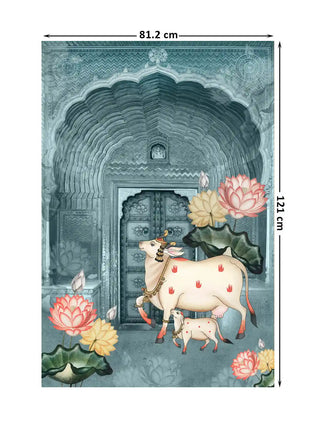 Pichwai cow and lotus mural wall art in teal mist shown at 81.2 x 121 cm with dimension markings for size reference.