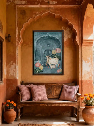 Pichwai cow mural wall art in teal mist, framed in dark wood within a scalloped ochre arch above a rustic wooden bench with pink pleated cushions and marigold pots.