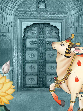 A close-up of the Pichwai Cow Wall Art showing a carved double door under a scalloped arch beside a cow with red handprint marks and a gold necklace.