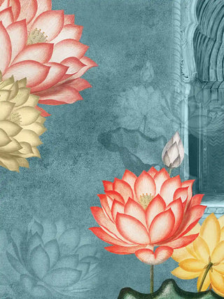A close-up of the Pichwai Cow Wall Art showing pink, yellow and cream lotuses on a textured teal ground beside a carved arch.