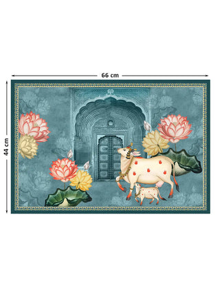 Full view of the Pichwai Cow Wall Art showing a cow and calf among lotuses before a carved arched doorway on a teal ground, at 44 cm by 66 cm.