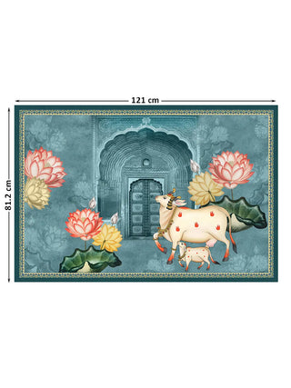Full view of the Pichwai Cow Wall Art showing a cow and calf among lotuses before a carved arched doorway on a teal ground, at 81.2 cm by 121 cm.