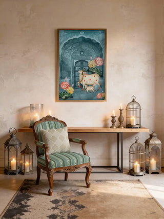 Luxury living room featuring a framed Pichwai mural with cow and lotus motifs styled with a green striped chair and brass lanterns.