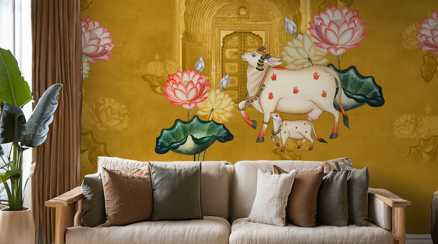 Pichwai Inspired Cow and Lotus Mural Wallpaper 