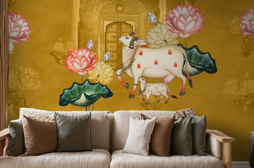 Pichwai inspired cow and lotus Wallpaper by Life n Colors