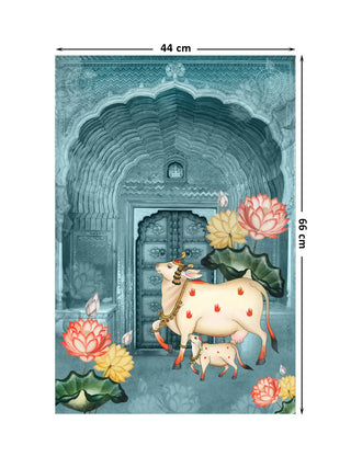 The complete Pichwai cow and lotus pattern showing full design detail, dimensions 44 cm by 66 cm.