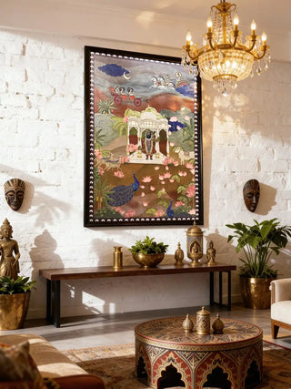 Framed Pichwai Palace embroidered wall art displayed in a decorative blue niche in a luxury hallway.