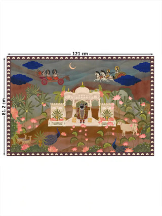 Full pattern view of the Pichwai Palace embroidered wall art in terracotta, shown at 121 cm by 81.2 cm with Shrinathji, peacocks, a cow and lotus blooms
