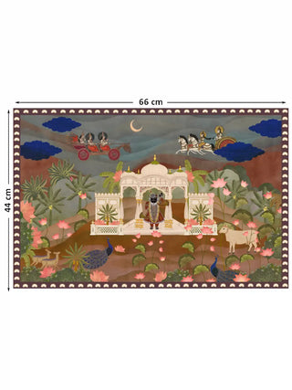Full pattern view of the Pichwai Palace embroidered wall art in terracotta, shown at 66 cm by 44 cm with Shrinathji, peacocks, a cow and lotus blooms