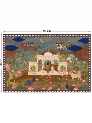 Full pattern view of the Pichwai Palace embroidered wall art in terracotta, shown at 90 cm by 60 cm with Shrinathji, peacocks, a cow and lotus blooms
